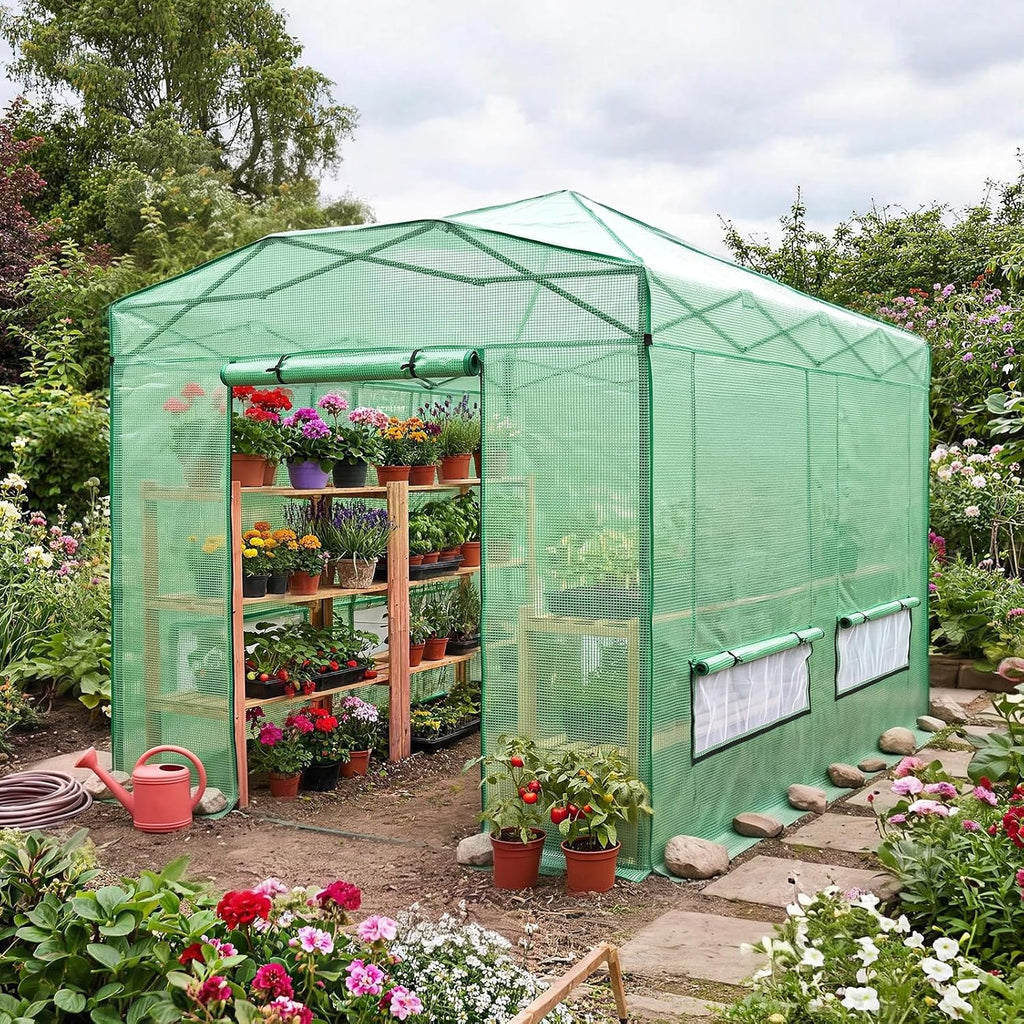 12X8 Pop Up Outdoor Walk-in Portable Greenhouse,Green | Patented CenterLock One Push Instant Greenhouses, Heavy Duty