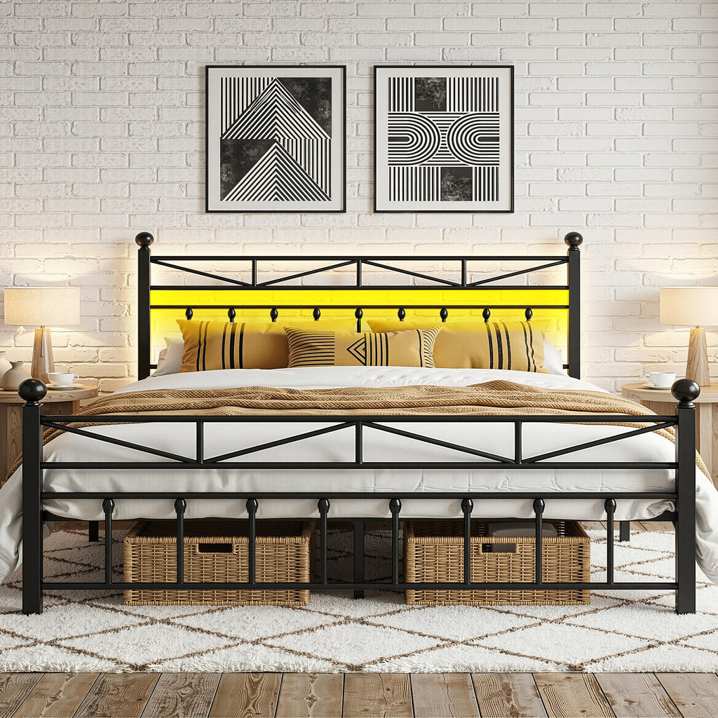 Victorian Metal King Size Bed Frame, Black, 54-Inch Tall Headboard