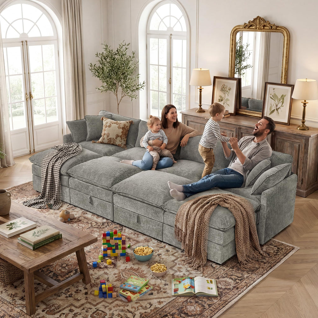 Modular Sectional Sofa Bed with Storage Ottomans, 135" Cloud Couch, 6-Seater Comfy Modern Couches with Pillows &