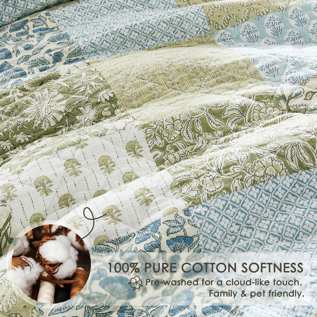 100% Cotton Reversible Patchwork Quilt Queen, Lightweight Farmhouse Vintage Shabby Chic Bedding Set with 2 Pillow