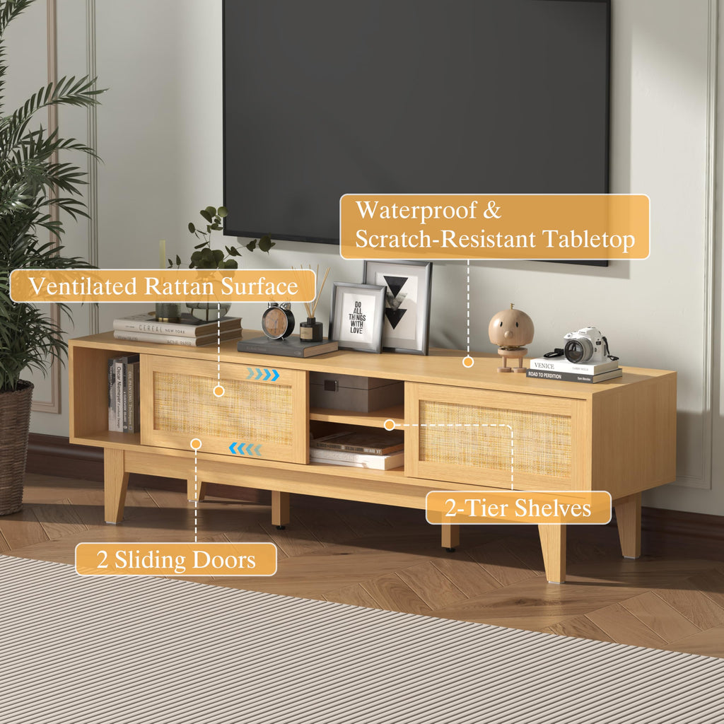 Oak Boho TV Stand for 55-70 inch, Entertainment Center with Rattan Design