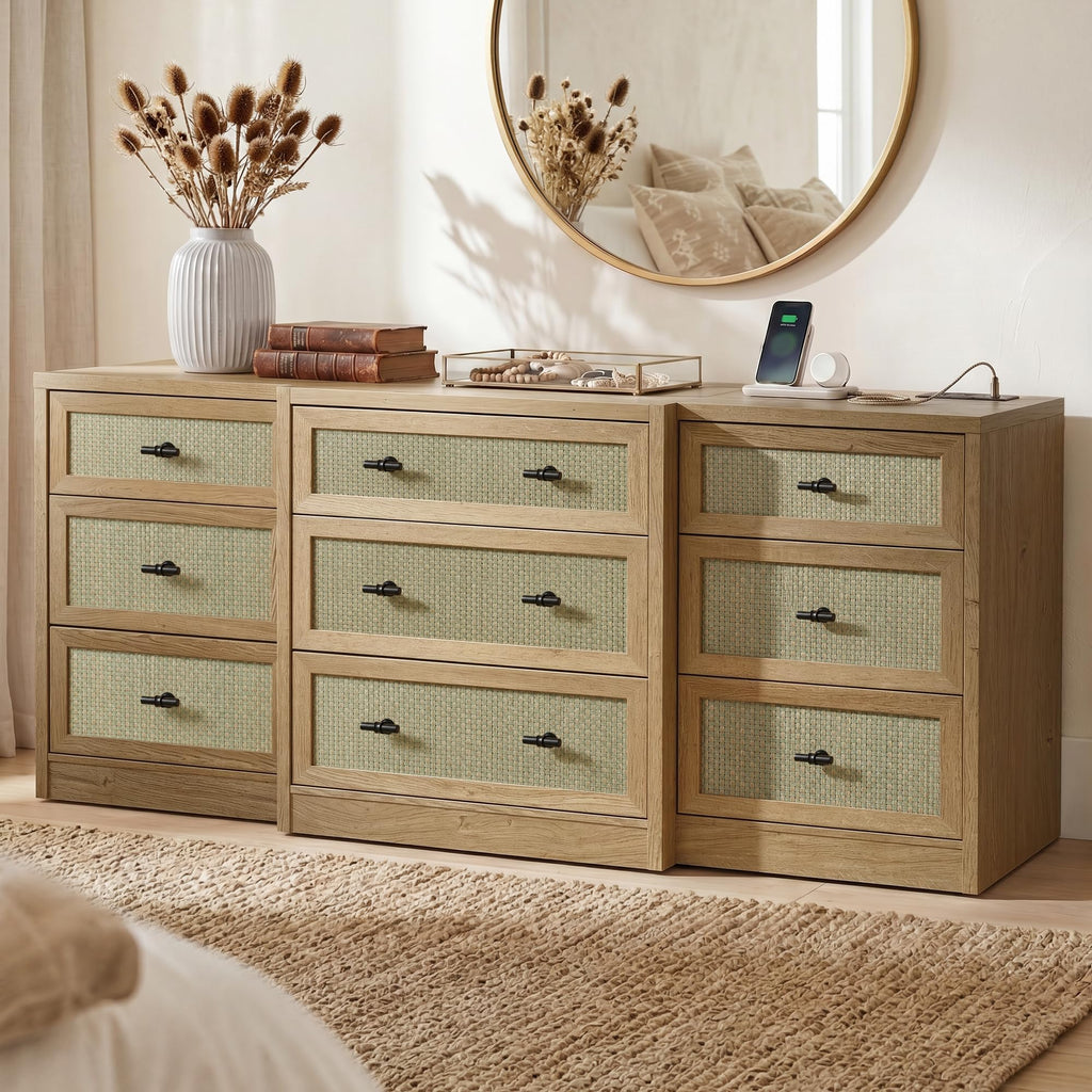 9 Drawers Dresser, 63" Wide Rattan Dressers w/Charging Station