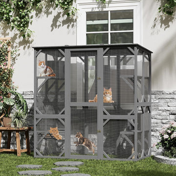 70" Outdoor Catio Cat Enclosure for Cats, Walk-in Wooden House with Roof