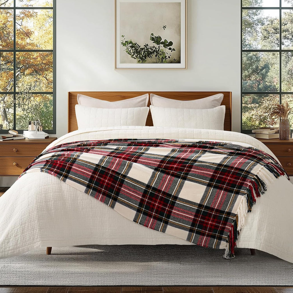 Chenille Christmas Throw Blanket, 50"x60", White Stewart Plaid