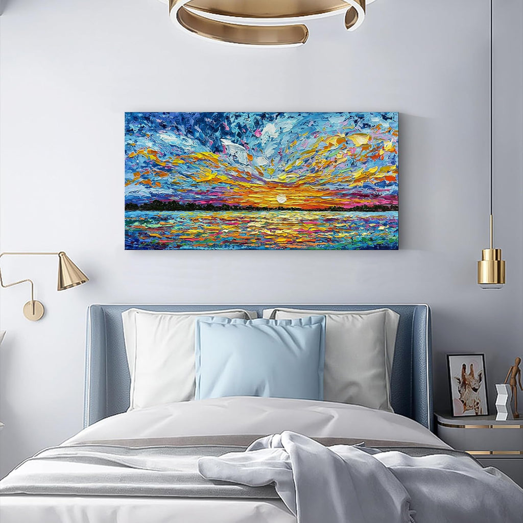 Art Hand-painted Sea Sunrise landscape Modern Abstract Oil painting Large Canvas Art Hall Bedroom Office Wall