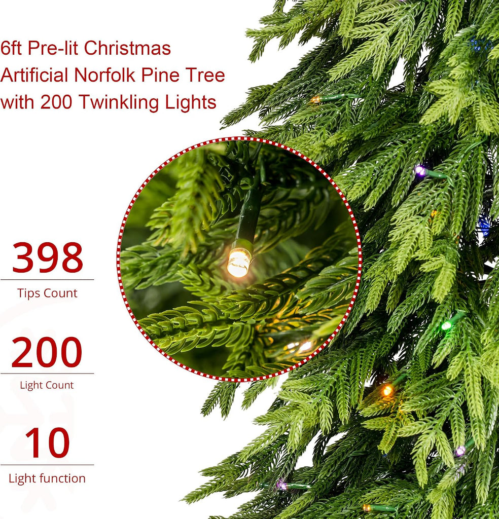 Artificial Norfolk Pine Tree, Prelit Christmas Tree with 200 Twinkling LED Lights, 398 PE Tips, Realistic Slim