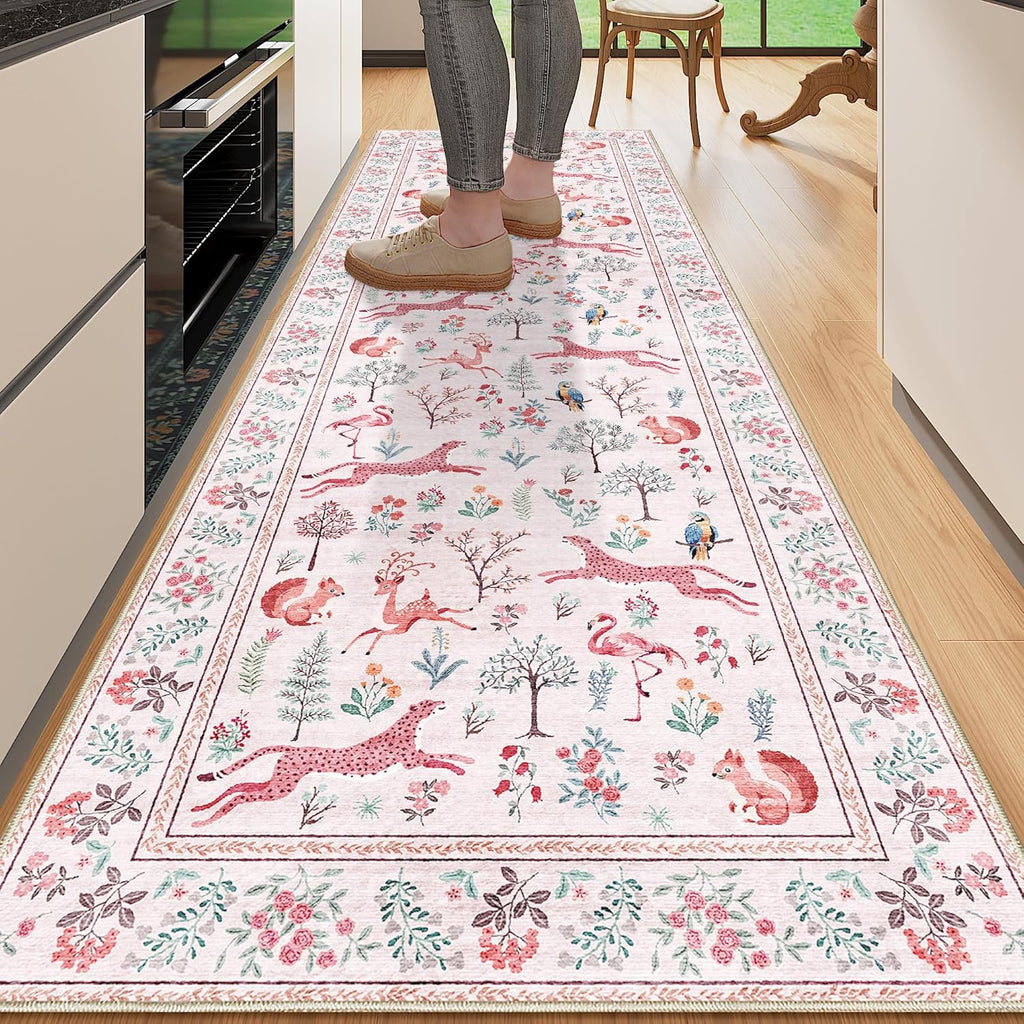 2x10 Rug for Hallway, Washable Kitchen Runner Rug with Non Slip Backing, Soft Low Pile Vintage Anima