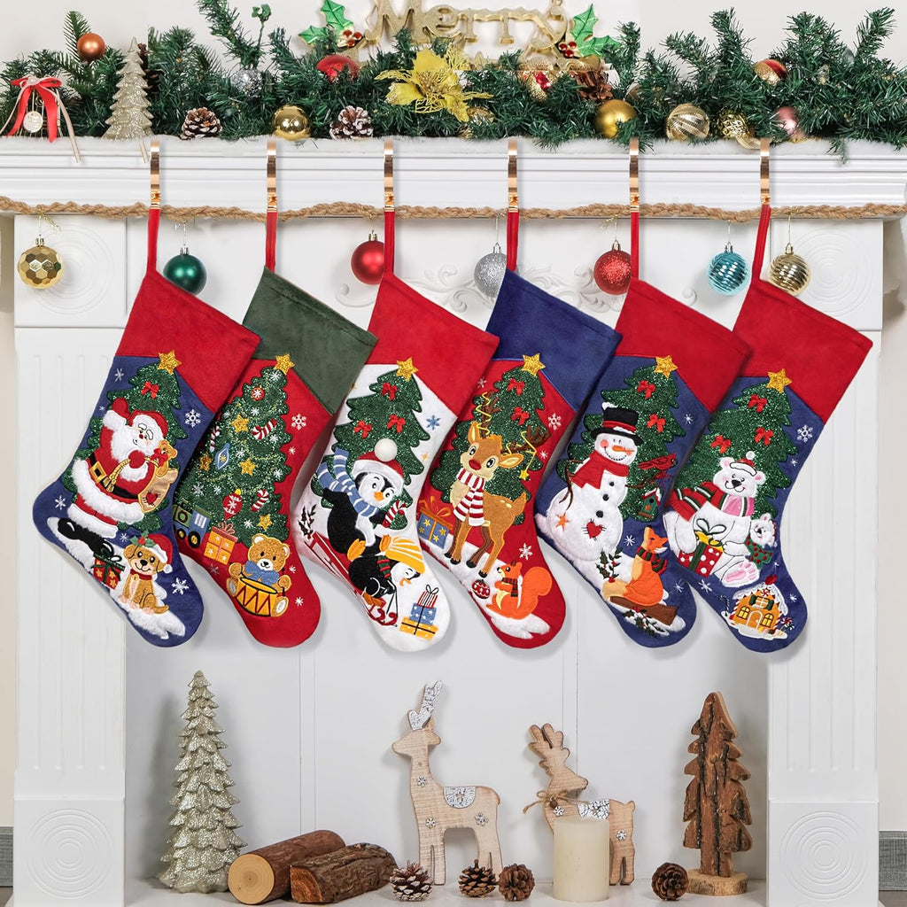 Set of 6 Christmas Stockings Embroidered 20" Velvet Large Family Xmas Tree Stocking 6 Pack Shining Cute Cartoon Soft