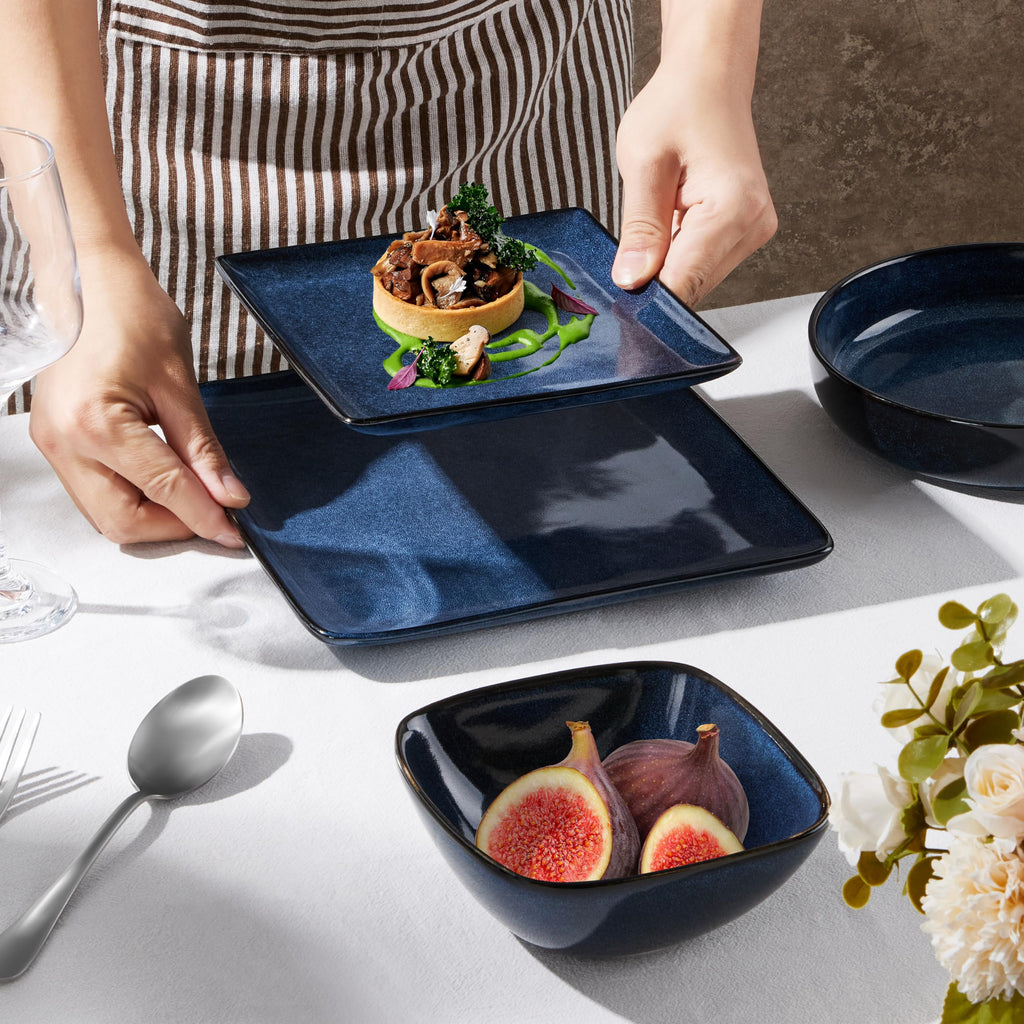 18-Piece Square Stoneware Dinnerware Sets for 6, Reactive Blue Glaze