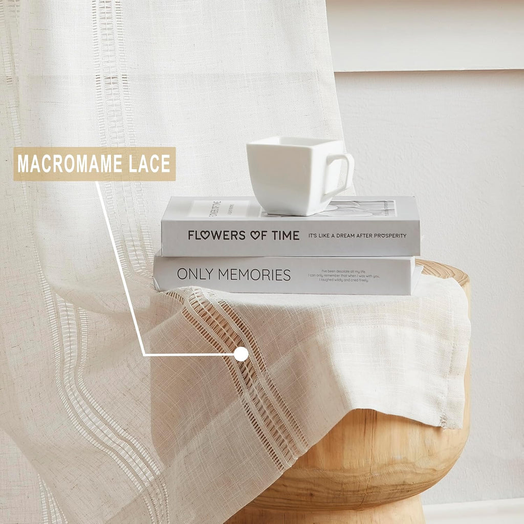Boho 2 Panels Semi Sheer Pinch Pleated Curtains,Linen Blended 95 Inches Long Window Treatments,Light Filtering Pinch