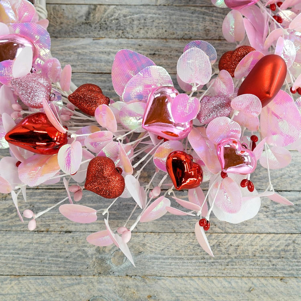 Valentine's Day Wreath for Front Door Valentine Wreath with Pink Eucalyptus Leaves,Pink and red Hearts Outdoor