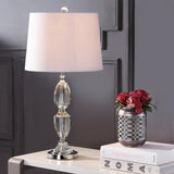 27" Clear Crystal LED Table Lamp, Traditional French Country Chrome Nightstand Lamp with White Linen Drum Shade