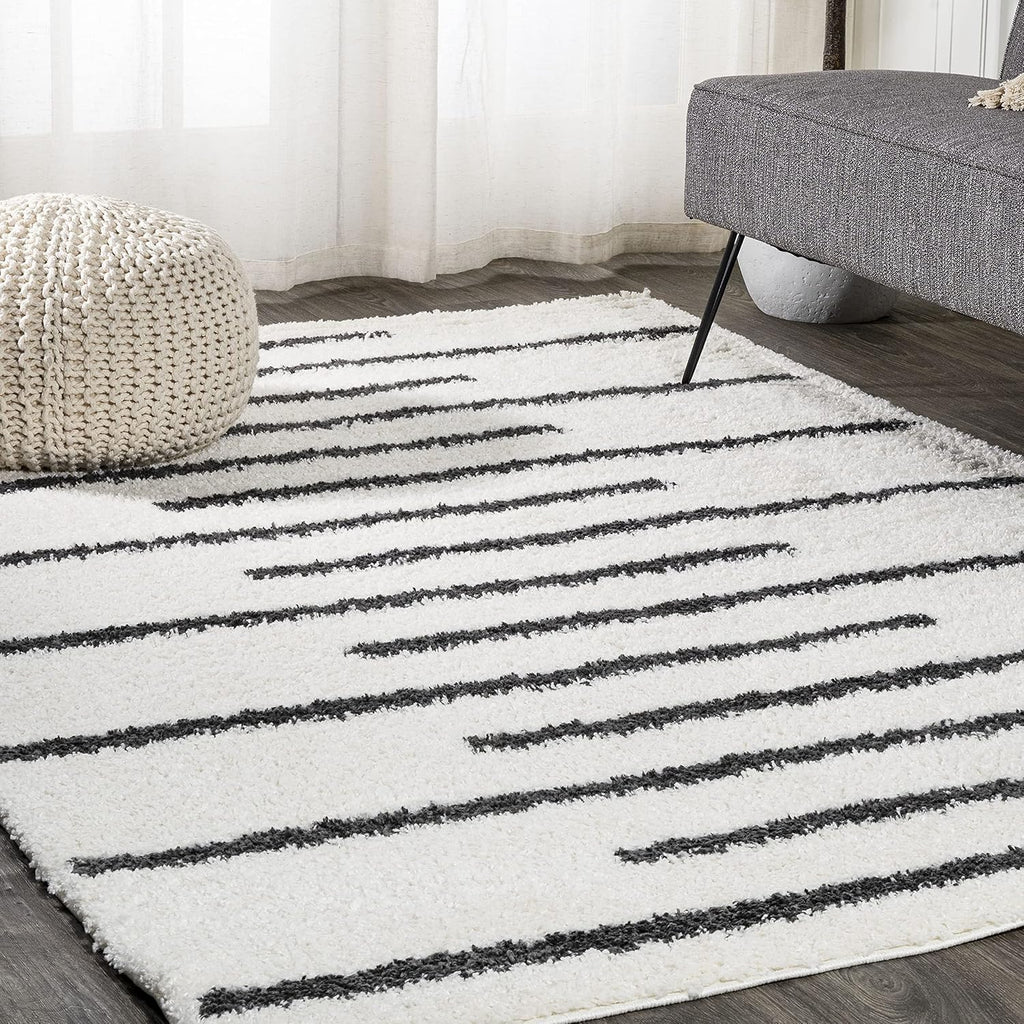 Alaro Berber Stripe Shag White/Gray Indoor Area Rug, Bohemian, Contemporary, Easy-Cleaning, Pet Friendly
