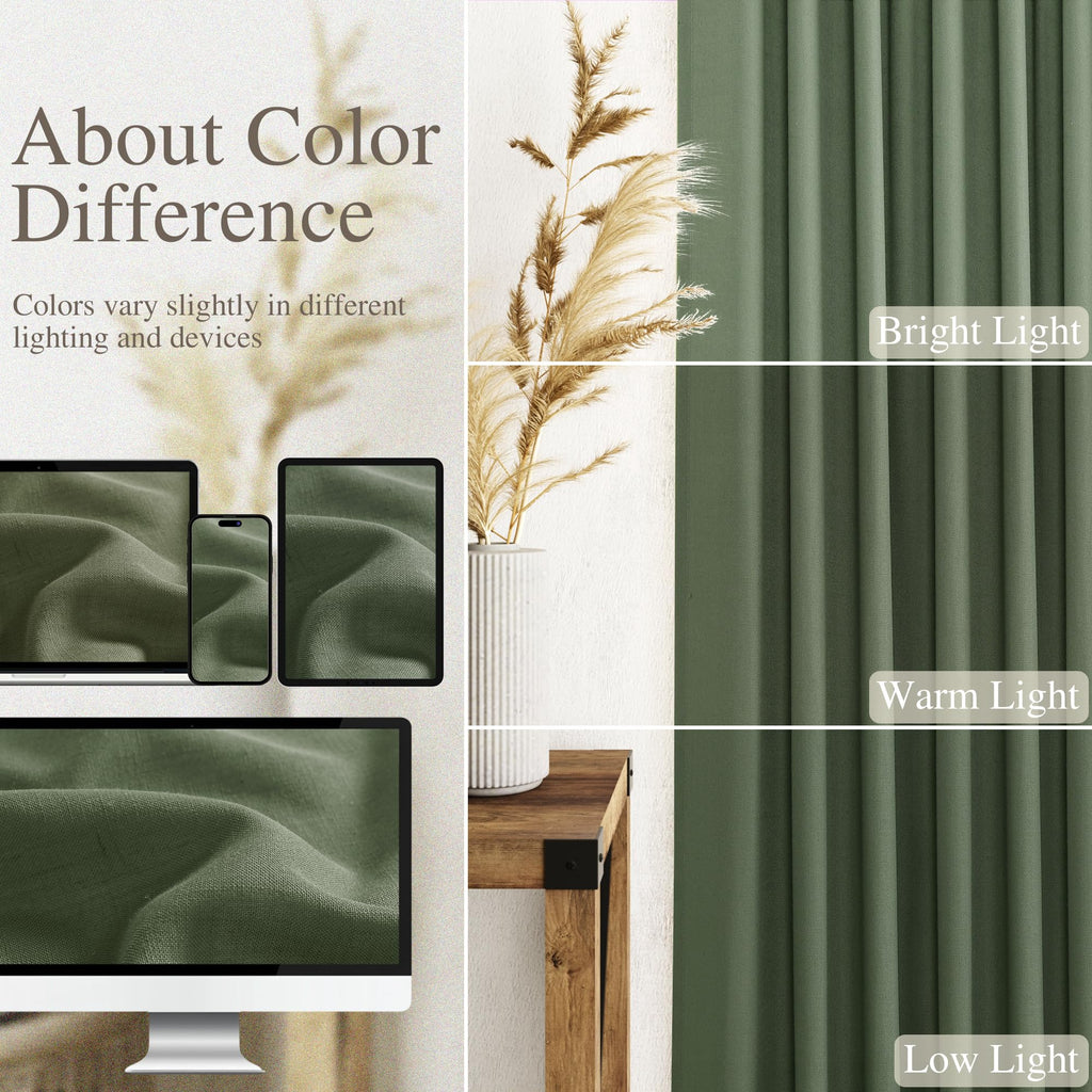 Olive Green Linen Curtains 84 Inches Long Back Tab Light Filtering Privacy Semi Sheer Curtains Modern Farmhouse Decor