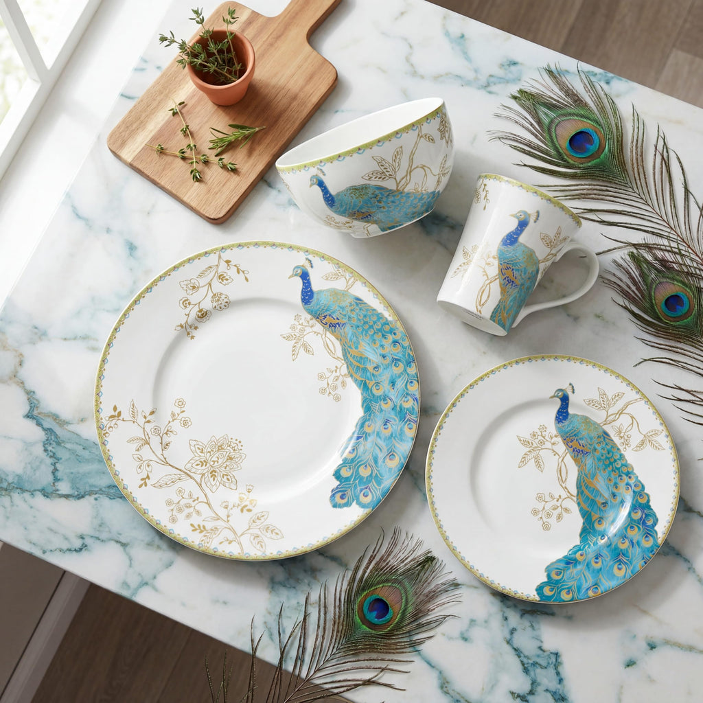 16-Piece Porcelain Dinnerware Set for 4, Elegant Plates and Bowls Sets-White, Teal, Gold Ceramic Dishes, Chip Proof