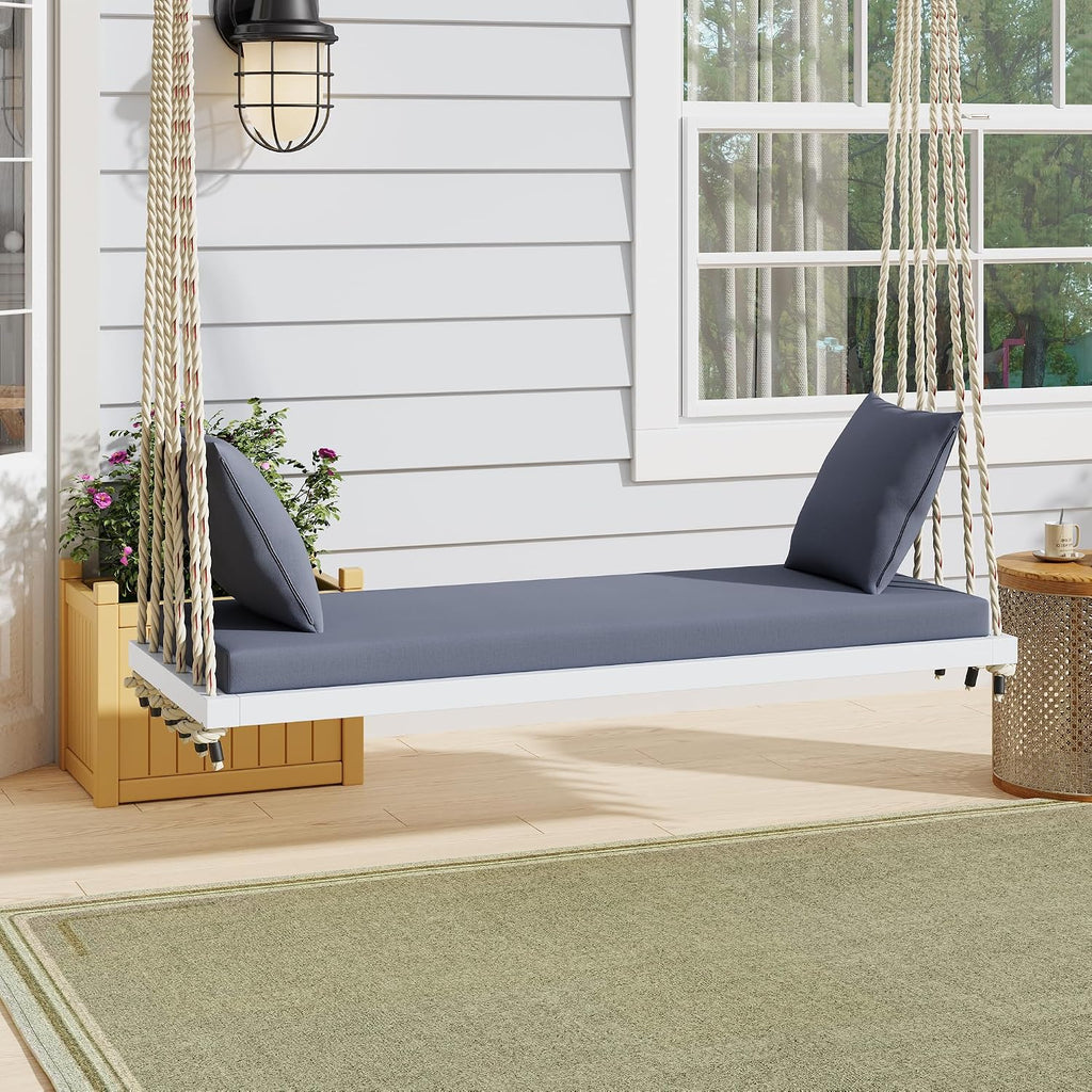 White Wooden Porch Swing Bed with Thick Grey Cushion, 2-Seater Hanging Daybed Swing with Braided Ropes, Outdoor Patio