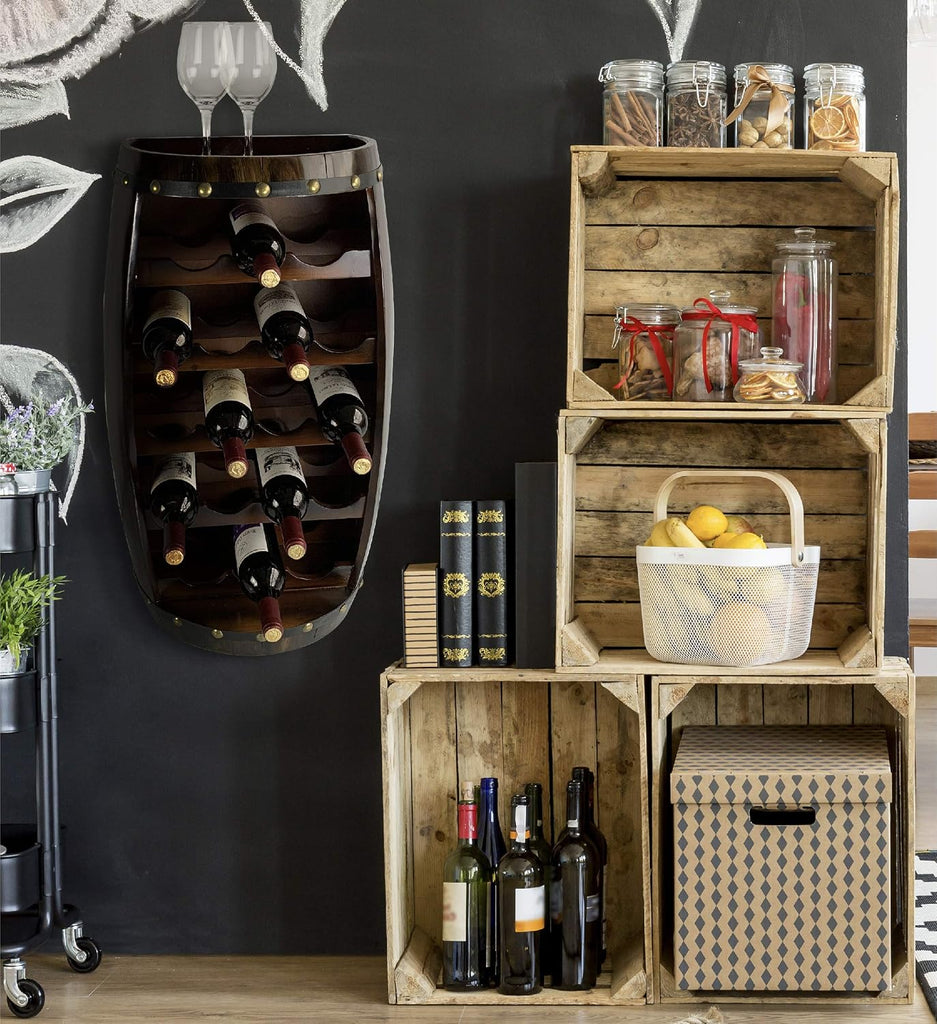 Alexander Wooden Barrel Wine Rack - 18 Bottles Wine Storage Rack, Wooden Rack Free Standing, Liquor Bar Shelf, Rustic
