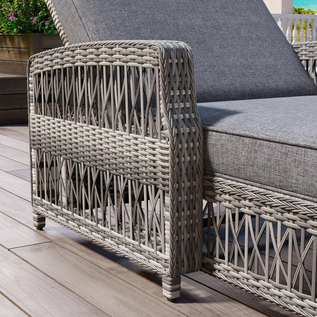 Patio Lounge Chair, Outdoor Rattan Chaise Lounge with 4 Adjustable Backrest and Armrests, All Weather Wicker