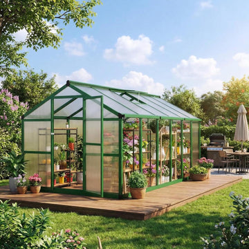 8x12ft Walk-in Greenhouse, Heavy Duty Large Outdoor Green House | Polycarbonate Garden Greenhouse with Roof Vent