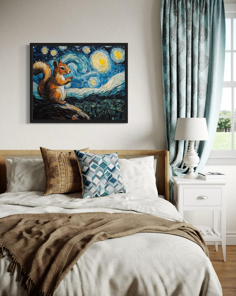Squirrel Black Framed Art Print Poster, Animal Van Gogh Starry Night Nature Theme Wall art Painting Decor, Art Home