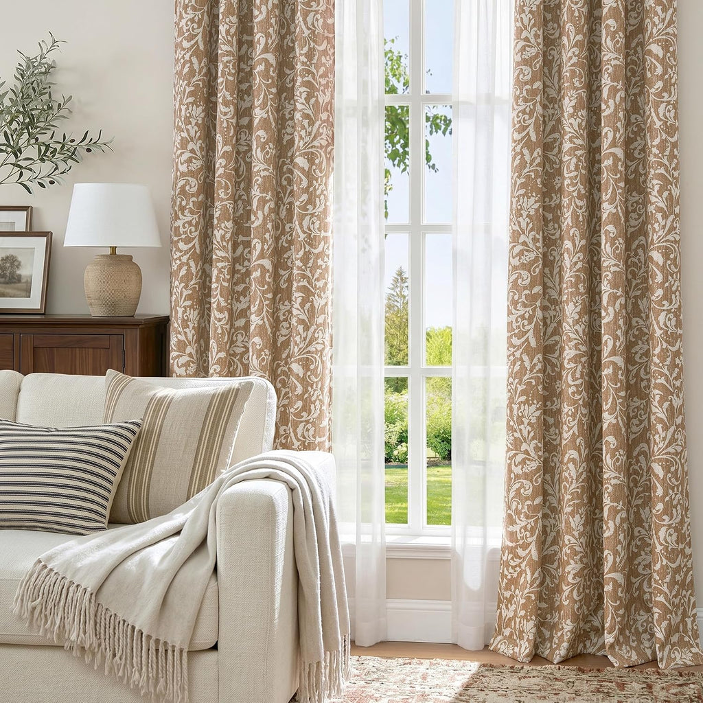Blackout Curtains, Warm Taupe Scroll Floral Patterned Curtains 96 Inch Length Vintage Art Deco Drapes, Thermal