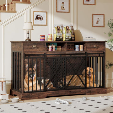 Dog Crate Furniture with Removable Divider, 3-in-1 Wooden Dog Kennel Furniture for 2 Dogs with Sliding Barn Door
