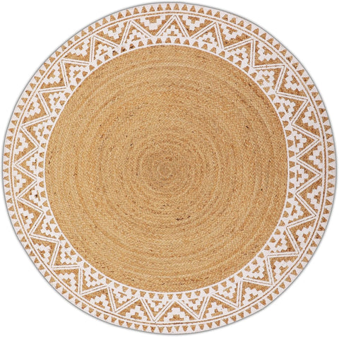 Premium Natural Jute Braided Area Rug, 6-feet Round, White Printed Border, Stain Resistance, Natural