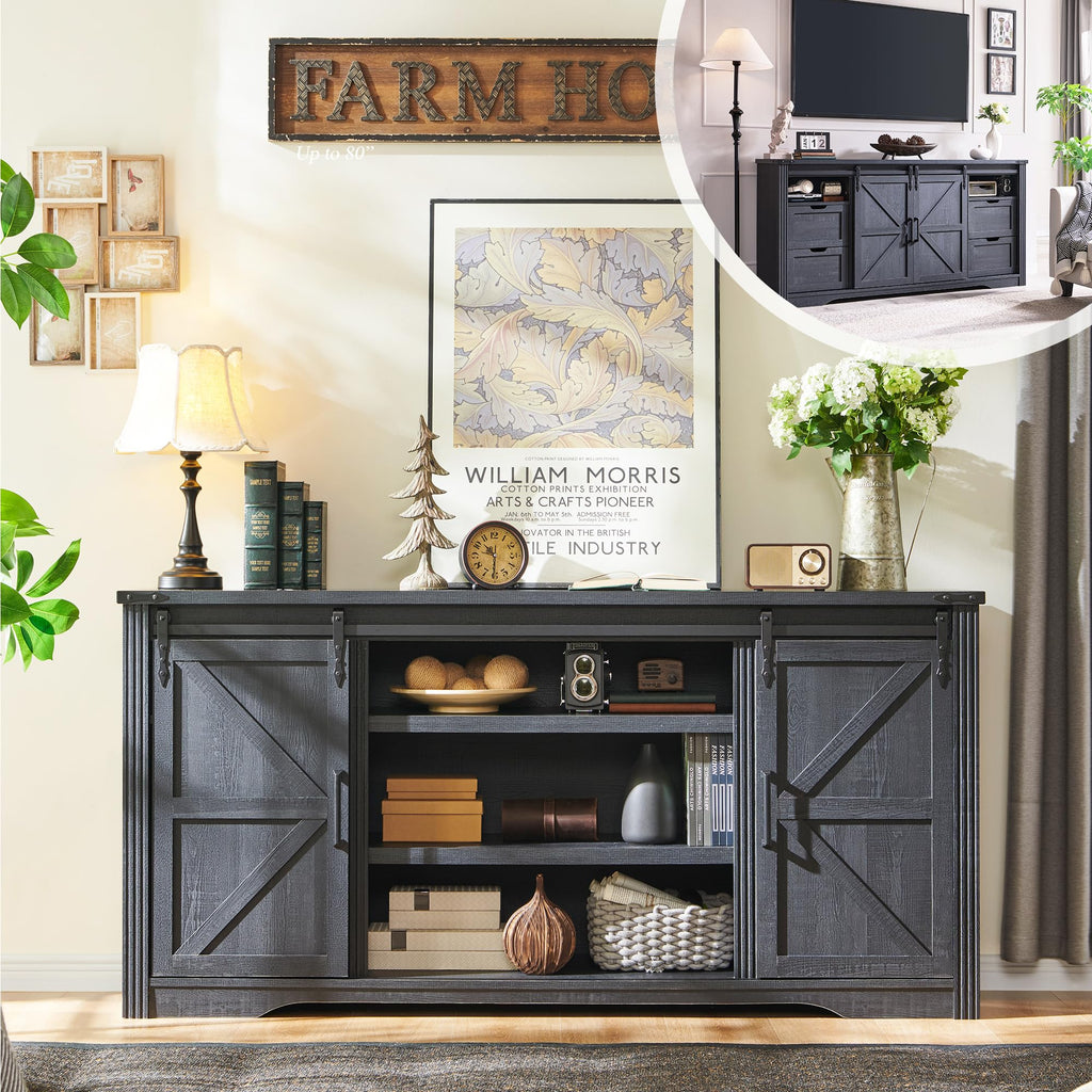 Farmhouse 66"TV Stand for 75+ Inch TV, 32"H w/4 Drawers & Sliding Barn Door