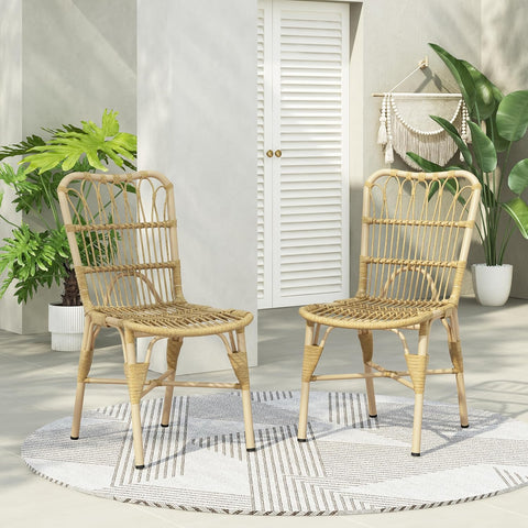 Set of 2 Rekker Patio PE Wicker Dining Chairs, Outdoor Woven Rattan Accent Chair with Iron Frame