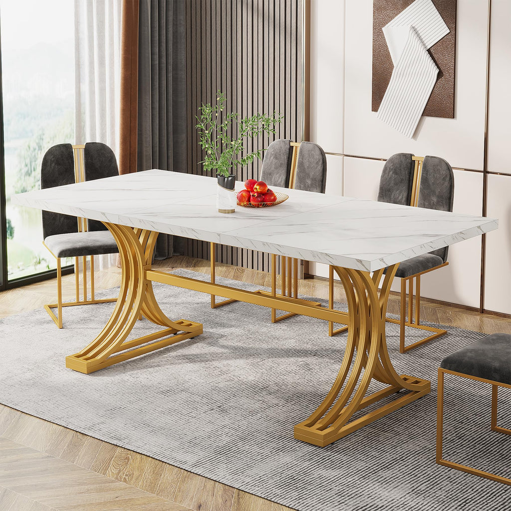 63-Inch Rectangular Dining Table for 4 to 6, Modern Kitchen Tables with Stylish Metal Trestle Legs, Large Dinner
