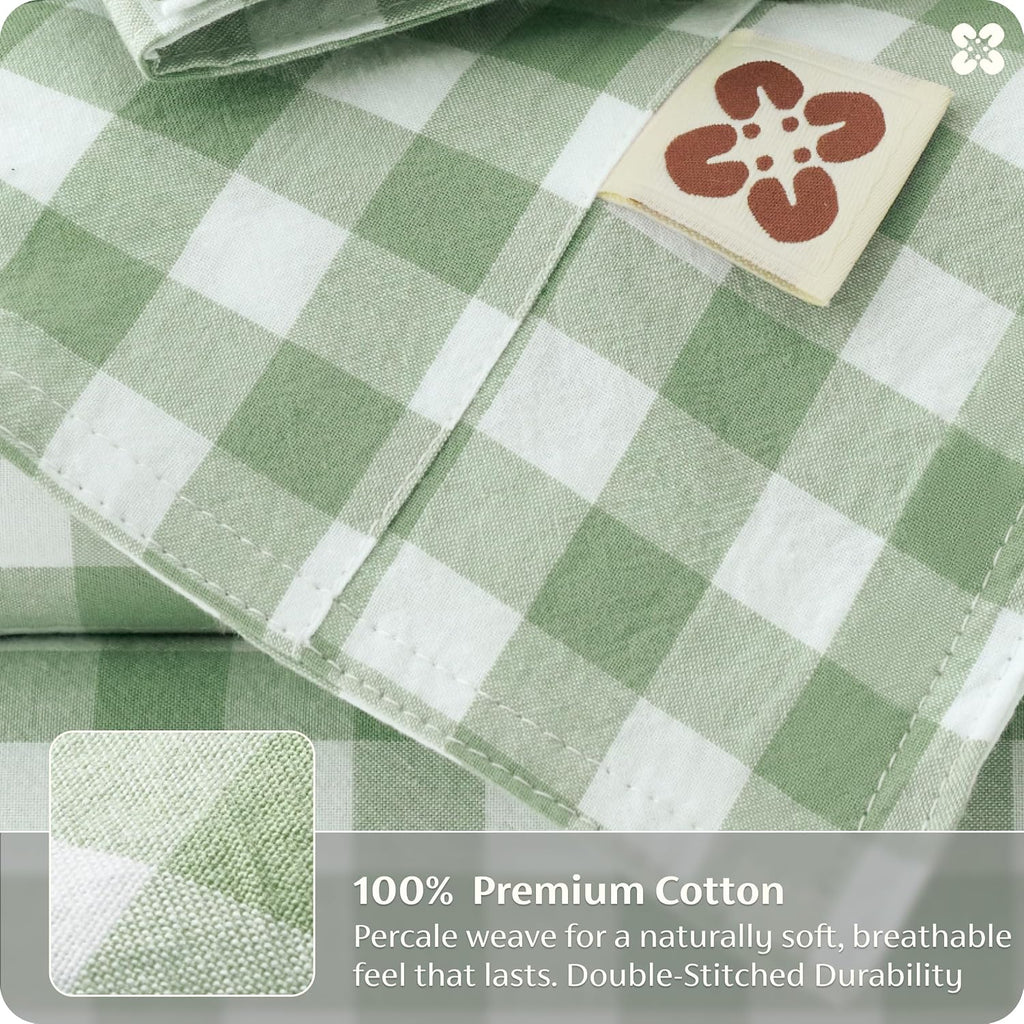 Gingham Duvet Cover Queen, 100% Washed Cotton Duvet Cover Linen‑Like, PureWoven with Reversible Yarn‑Dyed Design & Double‑Stitch Craft, 3-Piece with Zipper, Gingham Willow Green, 90"x90"
