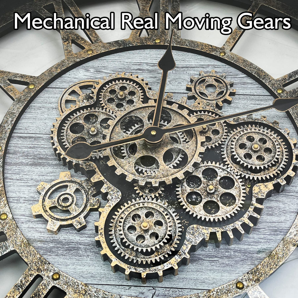24" Large Wall Clock with Moving Gears, Oversize Vintage Industrial Rustic Farmhouse Clocks Decor Office Home, Solid