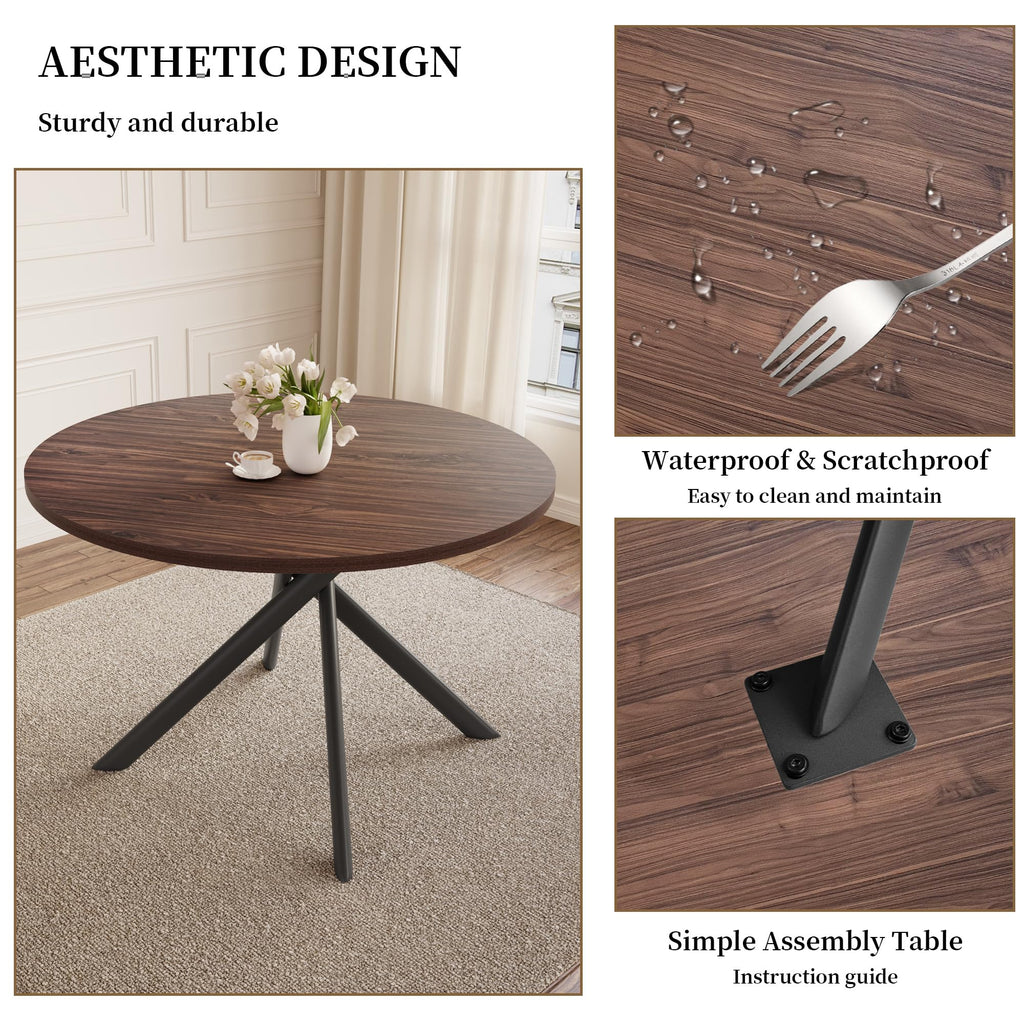 45.3'' Walnut Round Dining Table Set for 4, Mid Century Modern Small Coffee Set Kitchen Apartment (Dark Walnut Table