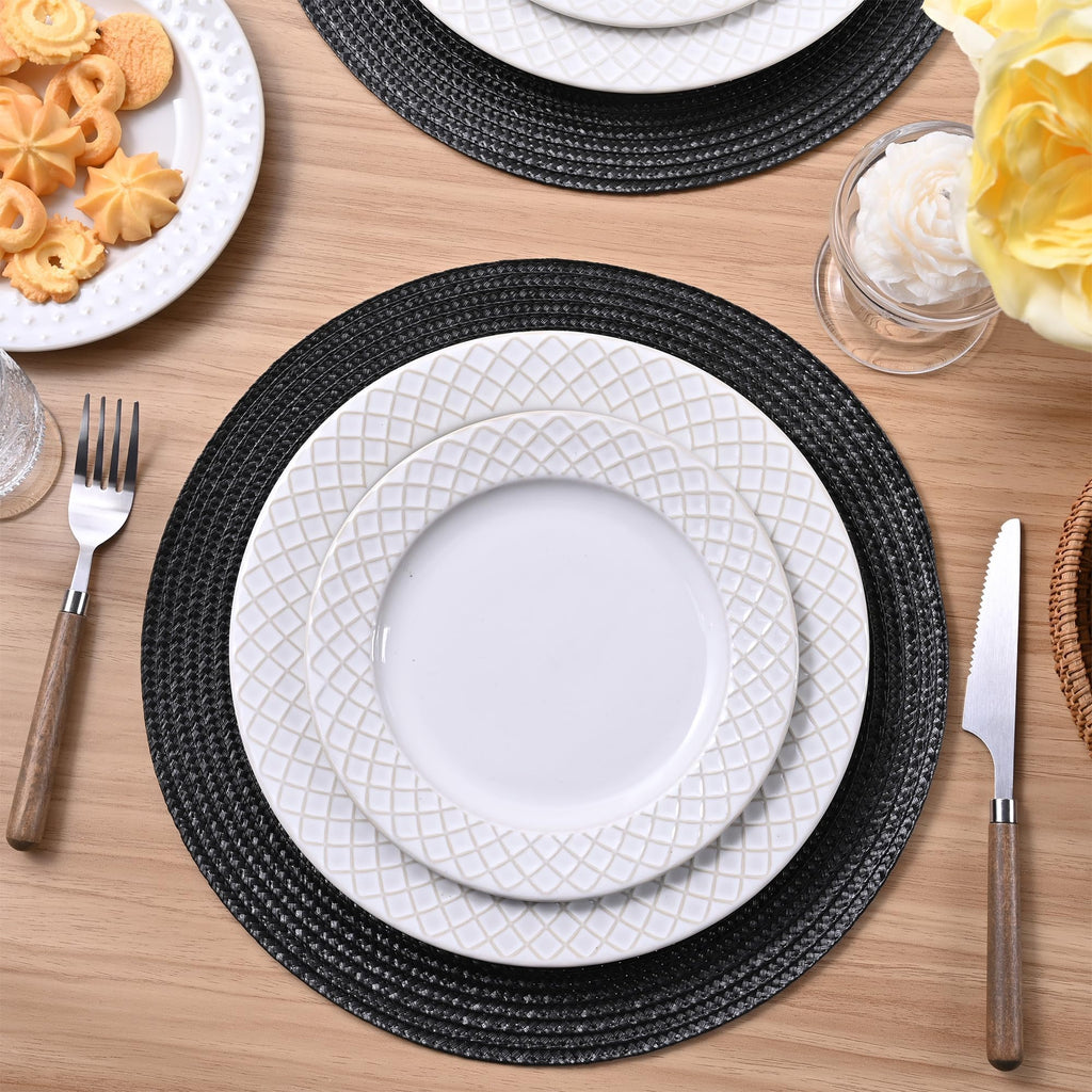 Round Braided Placemats Set of 8 Place Mats for Dining Table Woven Washable Non-Slip Table Mats 13.5 Inch (Black