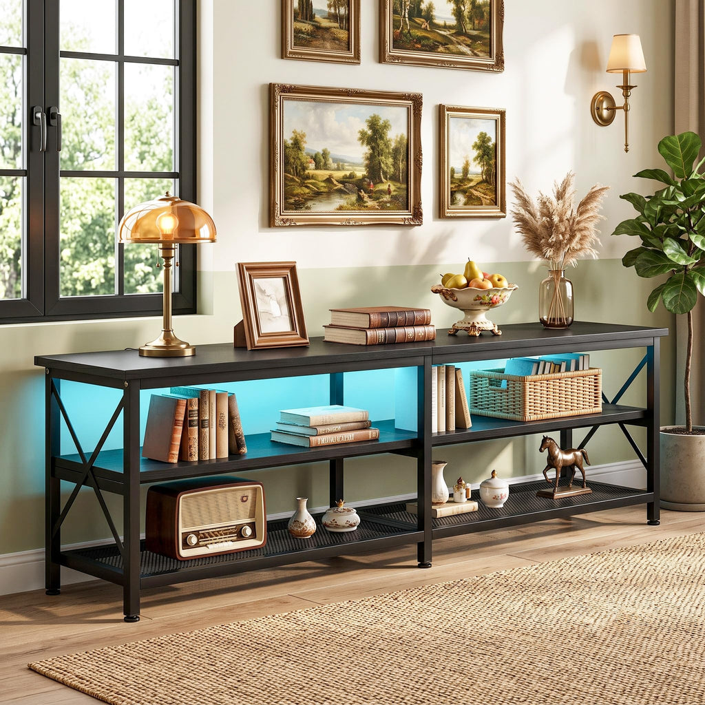 Modern 71 inch Metal TV Stand with LED Lights for 50 55 60 65 70 75 80 Inch TVs, 3 Tier Television Stands with
