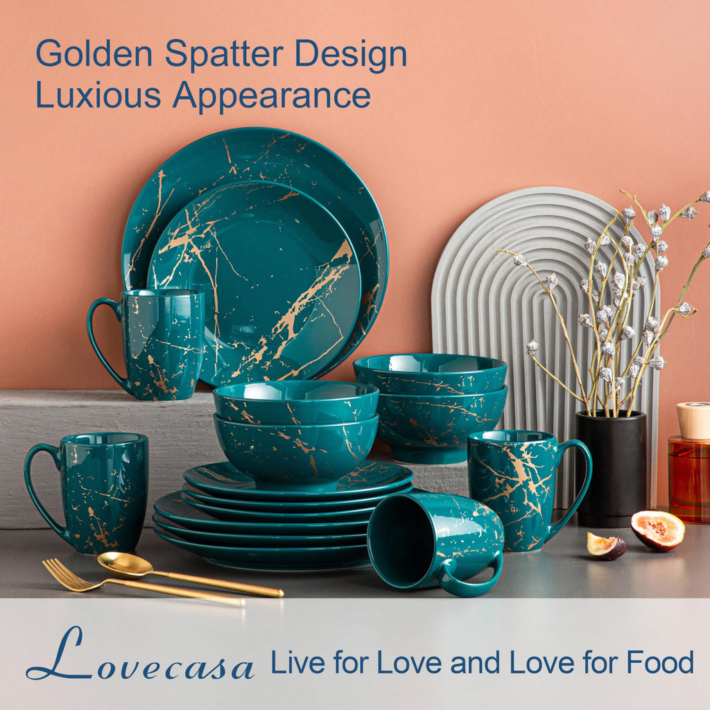 Porcelain Dinnerware Sets for 4, 16 PCS Plates and Bowls Set, Color Glaze with Gold Plate Dish Set, Dinner Sets with