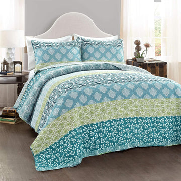 Bohemian Stripe Reversible Cotton Quilt Set, 3 Piece Set, Blue & Green - Striped Bedding Set - Blue Quilt