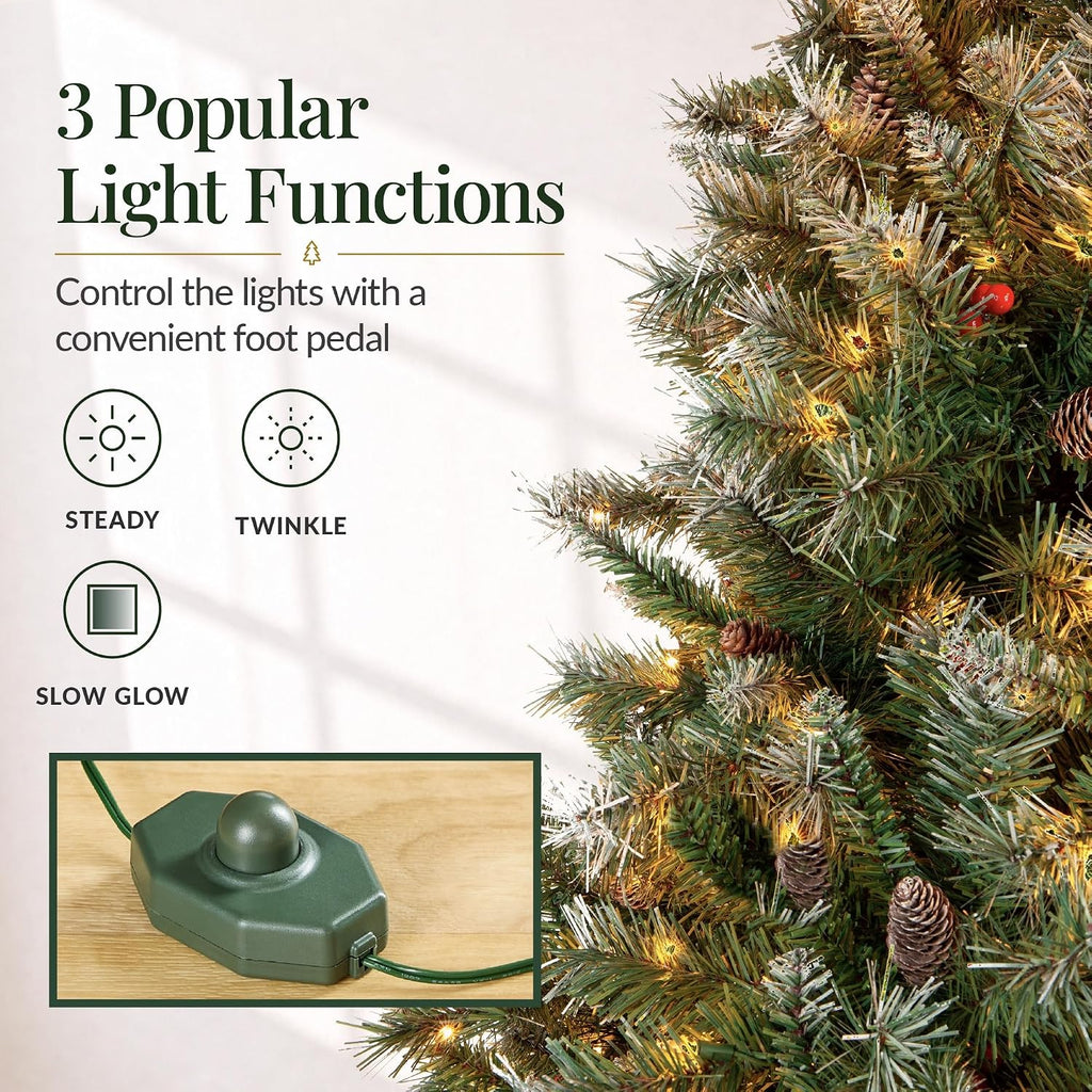 Pencil Christmas Tree Pre-Lit w/Viral Twinkling Lights, Slim Pre-Decorated Artificial Frosted Pine Skinny Holiday