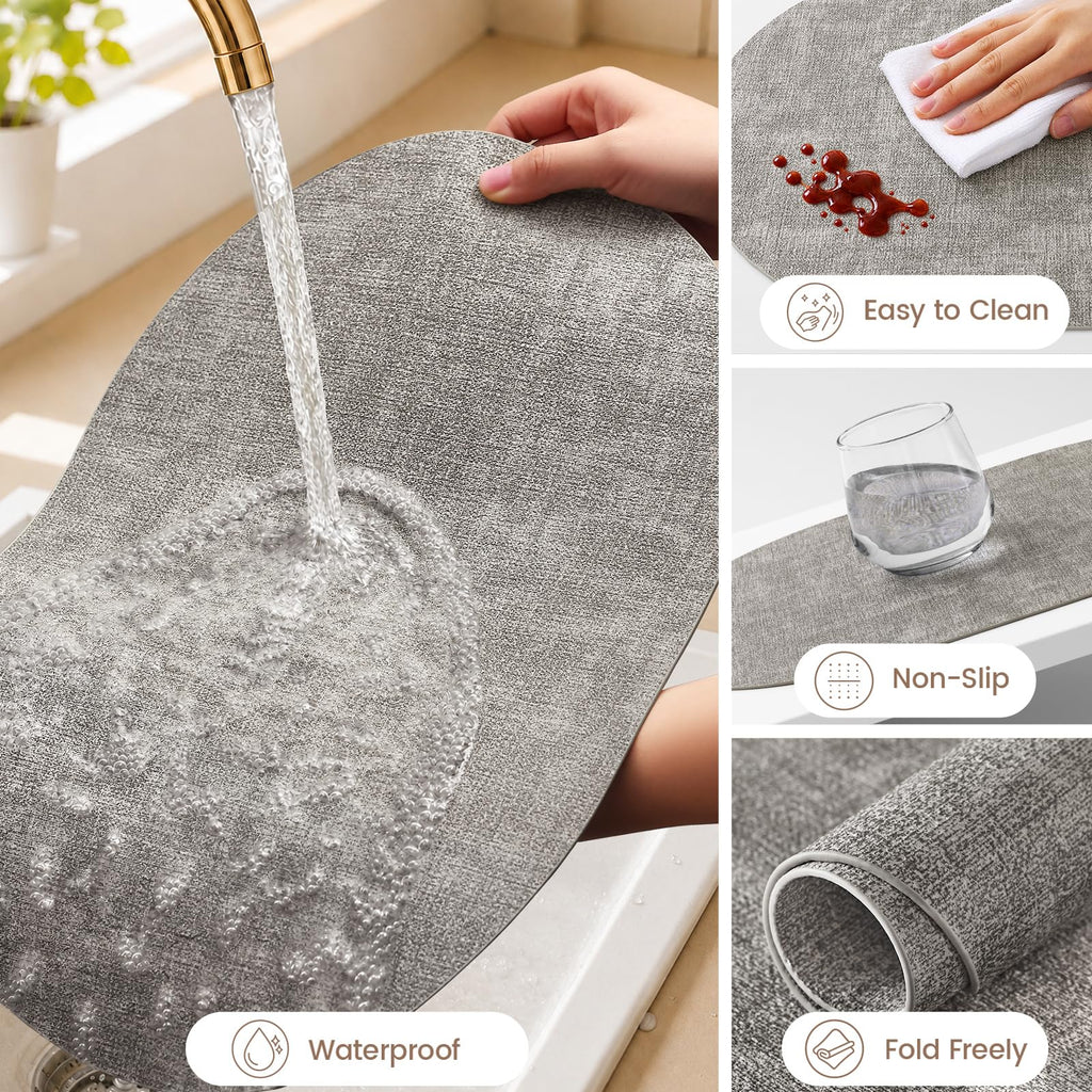 Oval Faux Leather Placemats Set of 4, Easy to Clean, Light Grey