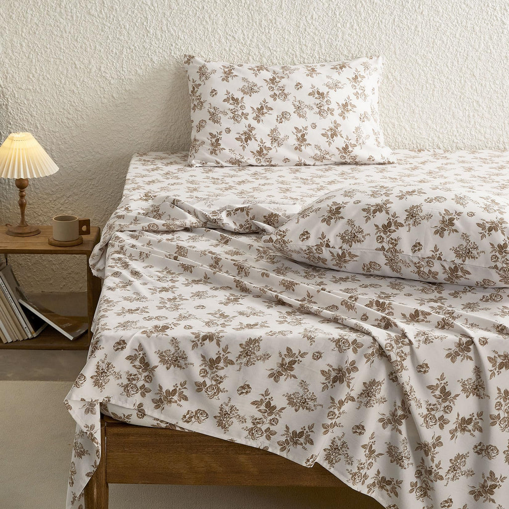 Floral Bed Sheets, 4-Piece Sheet Set, Shabby Chic Botanical Coquette Cottagecore Vintage Flower Pattern Printed