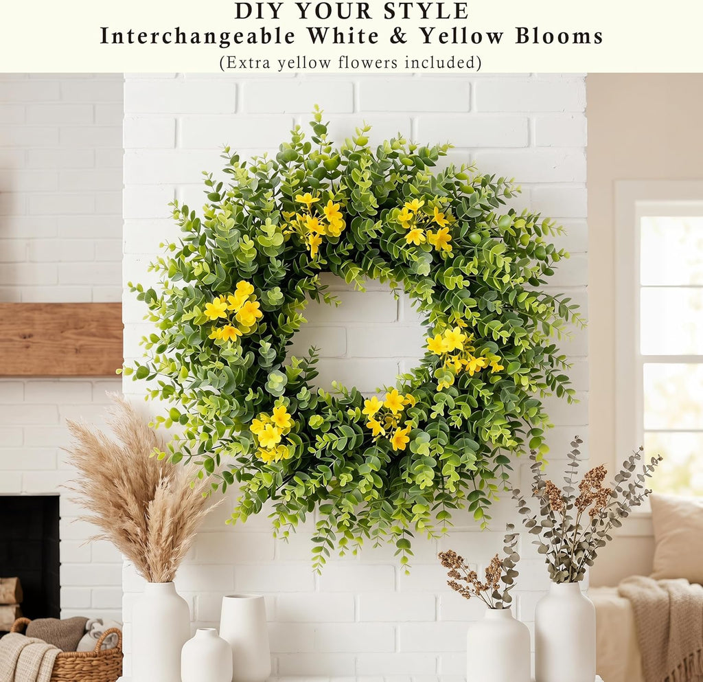 24" Large Eucalyptus Wreath for Front Door - All Season Artificial Greenery Wreath with White & Yellow Blossoms