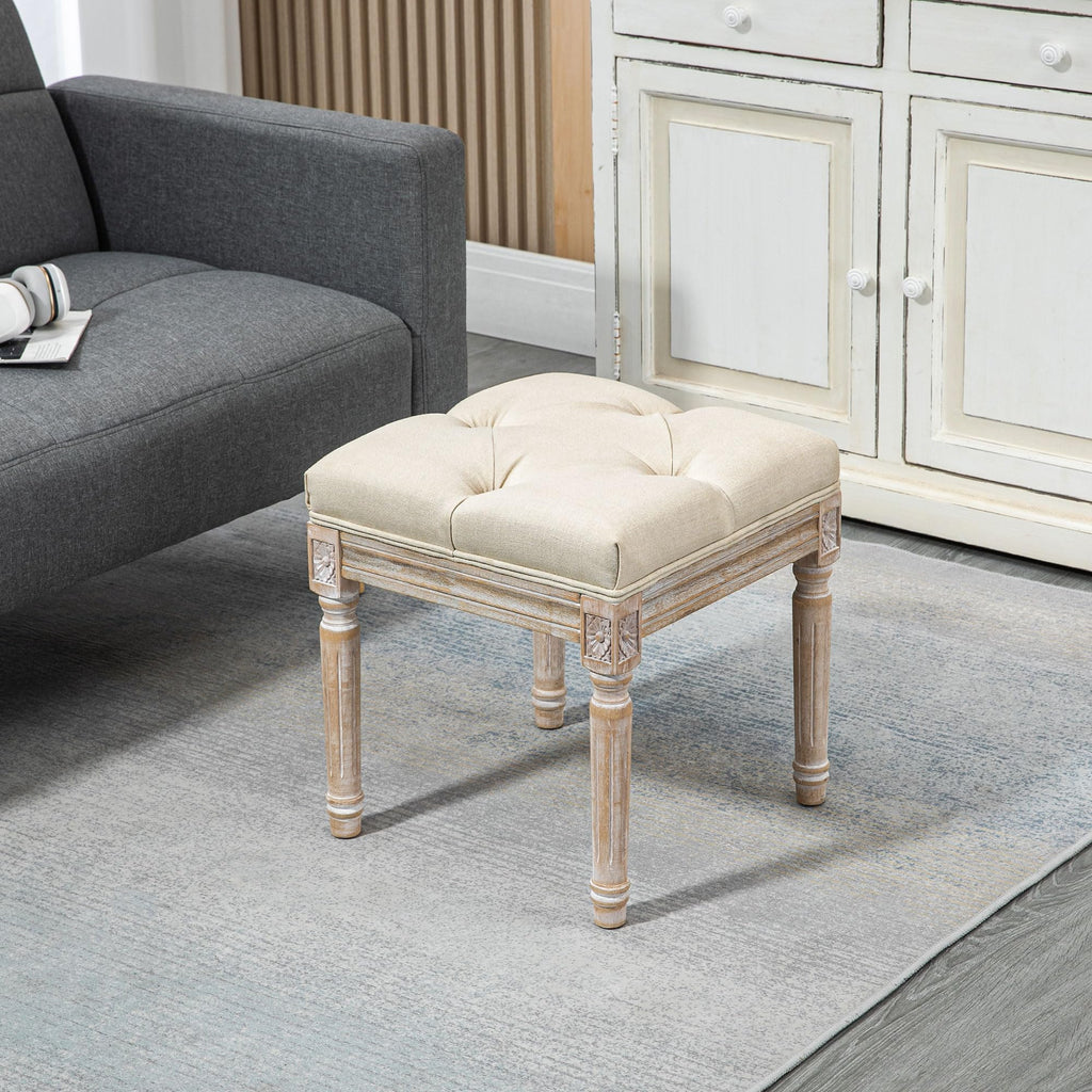 16" Vintage Ottoman Tufted Foot Stool with Upholstered Seat Beige