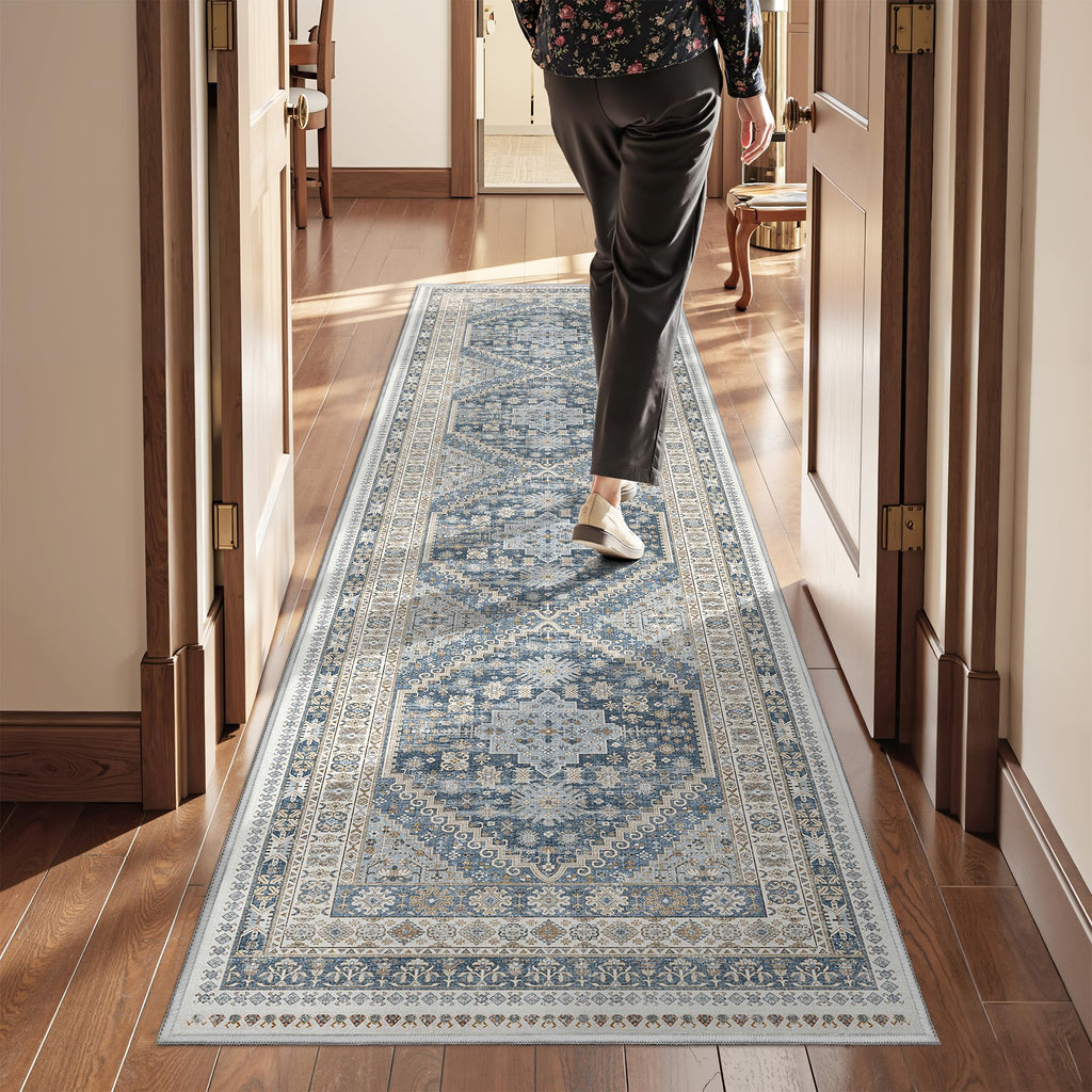 Runner Rug 2x8 Runners s Non Slip Washable, Blue/Beige