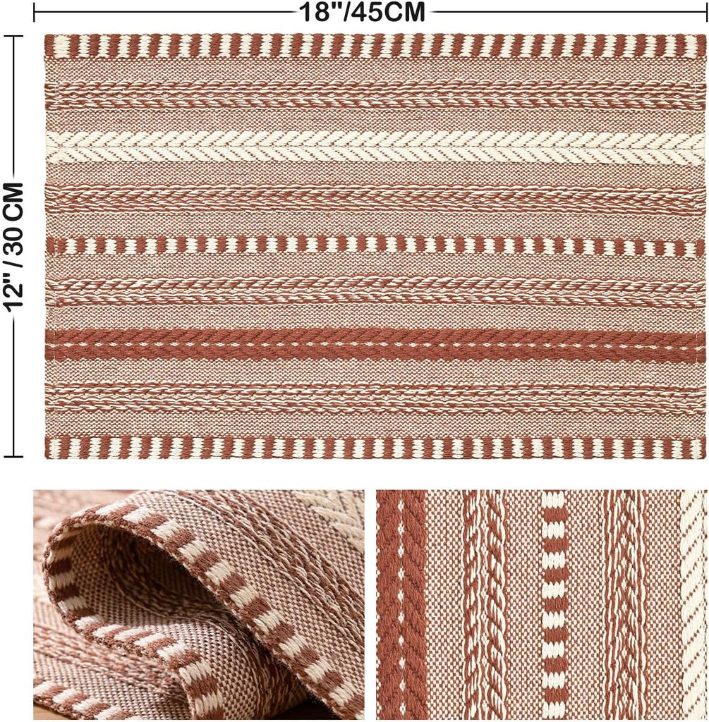 Caramel Farmhouse Woven Braided Stripe Placemats,12x18 Inch Seasonal Holiday Table Mats Party Kitchen Dining - Set of 6
