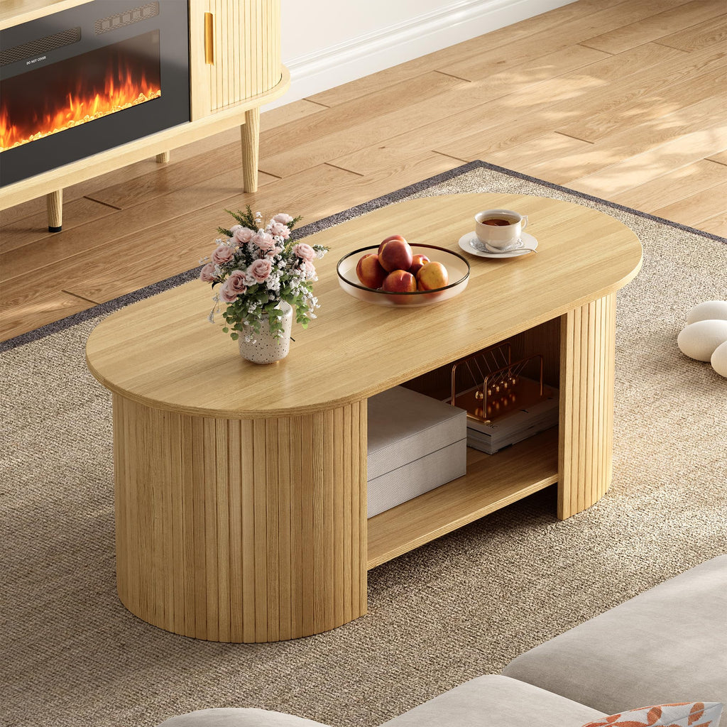 42" Oval Fluted, 2-Tier Center Table with Large Storage, Mid-Century Modern Wood, Small Space, Oak