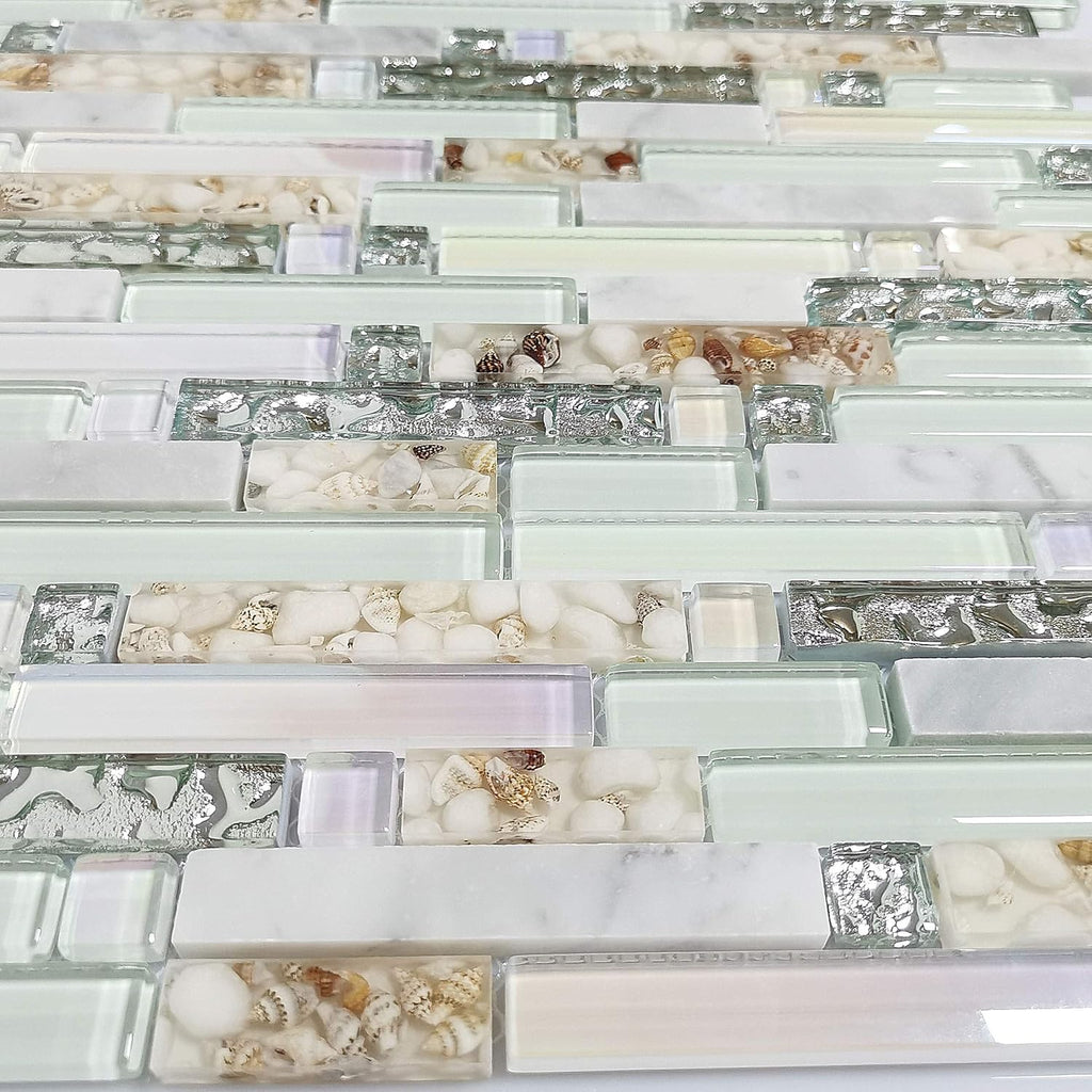 Beach Style Wall Tile Mosaic Kitchen Backsplash Green Bathroom Silver Glass Conch Stone White Marble Iridescent