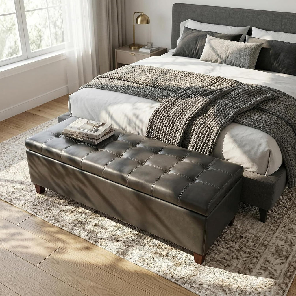 Ottoman with Storage 51" Faux Leather Storage Ottoman Bench | Upholstered Ottomans with Hinged Lid, Rectangle Long