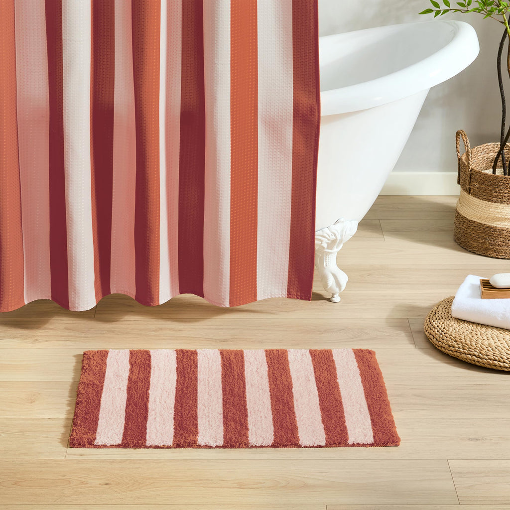 Bath Mat with Striped Design, Soft Absorbent Non-Slip Polyester Rug Floor, Shower or Kitchen (20x32 inch, Blush)