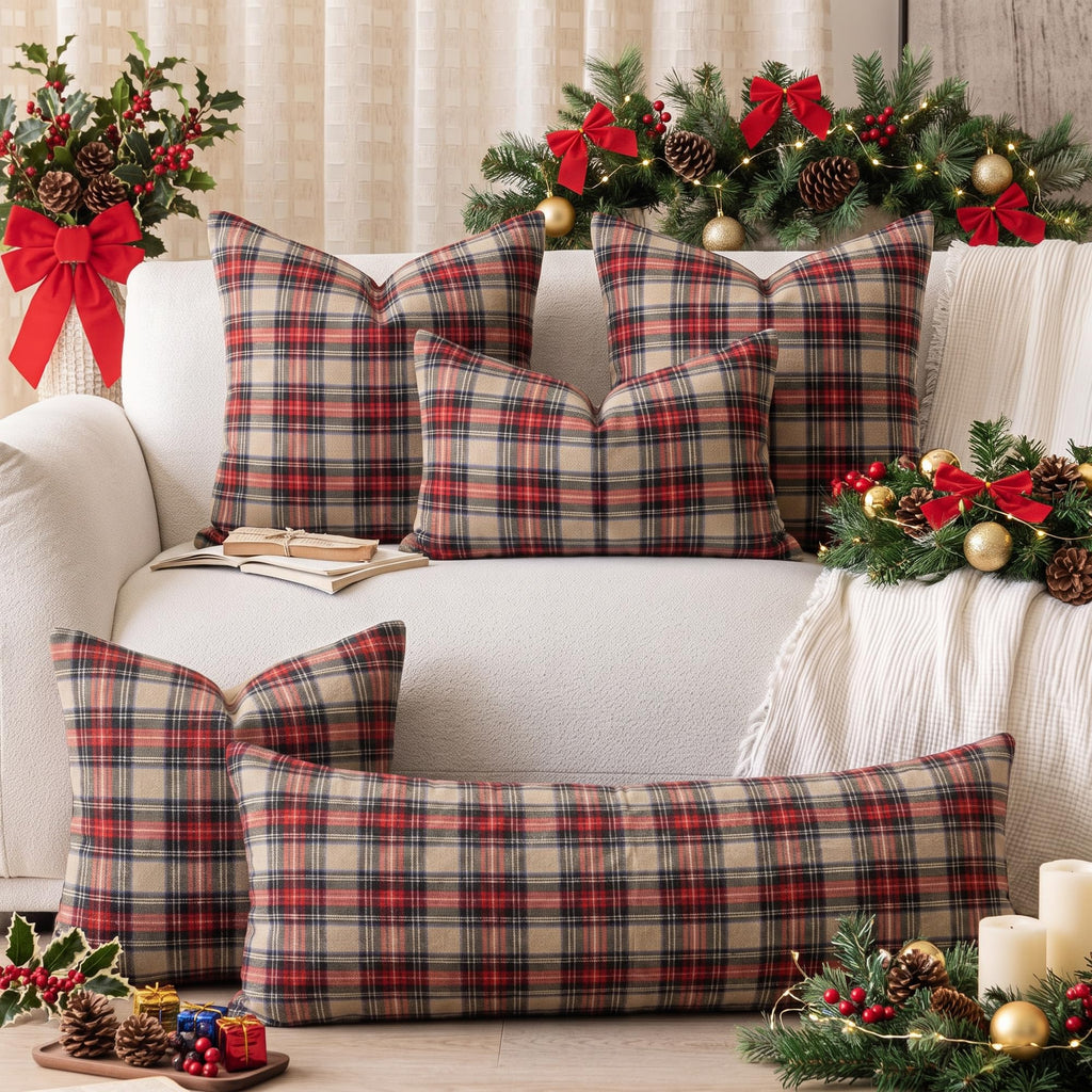 Brown Tartan Plaid Vintage Primitive Christmas Pillow Covers 20x20 Set of 2