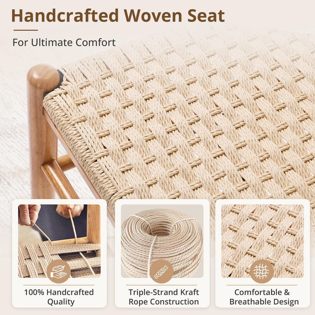 Dining Chairs Set of 4, Mid Century Modern Solid Rubberwood Ladder Back Wicker Chairs, Hand Woven Rattan Paper Rope